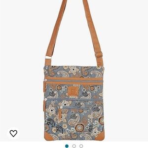 Stone Mountain Paisley Crossbody Bag with Blue and Tan Leather Trim